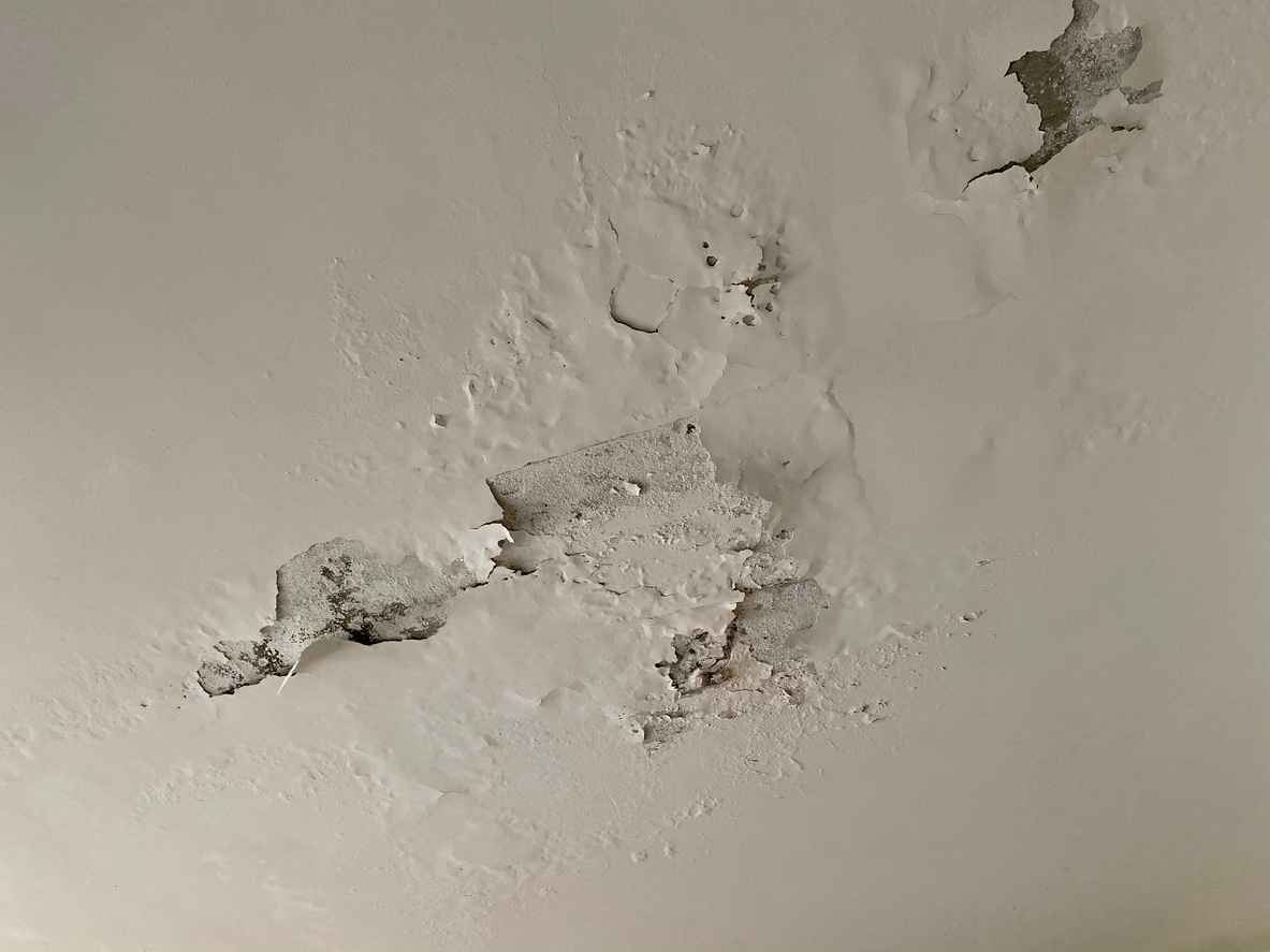 Cement plaster on a wall is damaged due to dampness